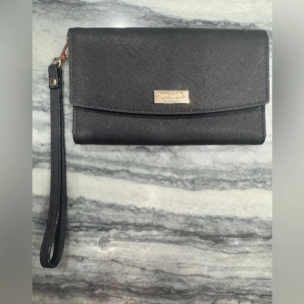 Kate Spade Saffiano Leather Womens Black Tri Fold Phone Case‎ Wallet /Wristlet
